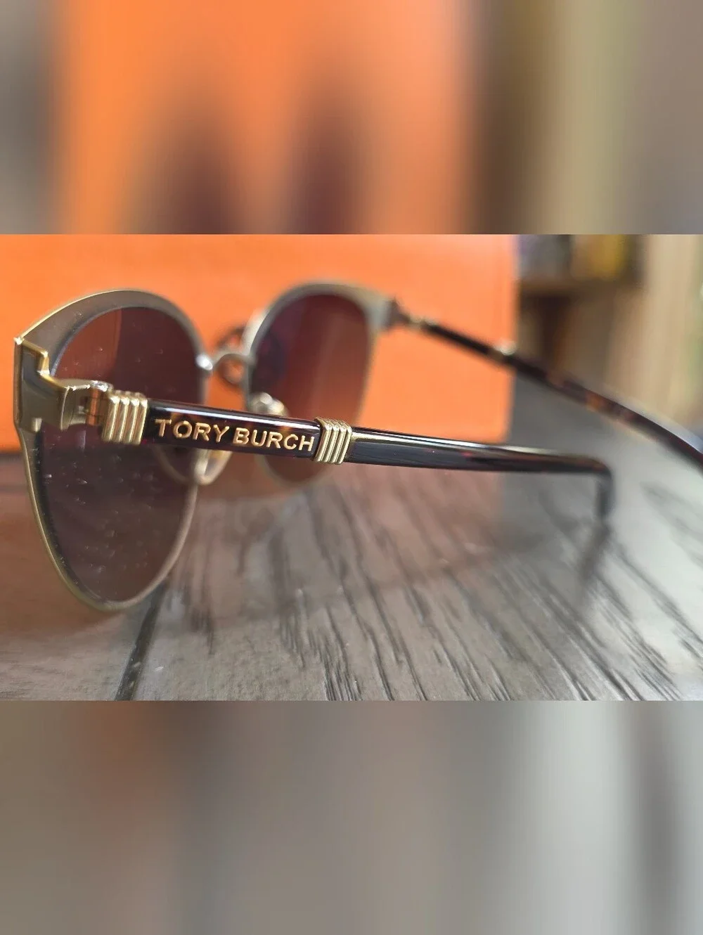 Tory Burch Gold Frame Sunglasses with Brown Lenses and Orange Case